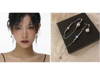 Aretes Asimétrico con Perla, Strass y Cadena