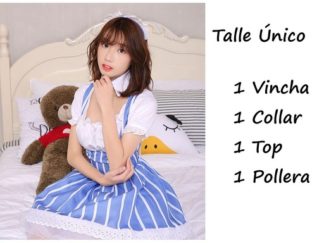 Disfraz Lolita Blanco y Celeste A Rayas 4pcs