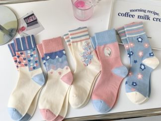 Medias Cortas Flores Tono Azul y Rosado