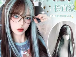 Peluca Castaña con Mecha Menta Verde 65cm