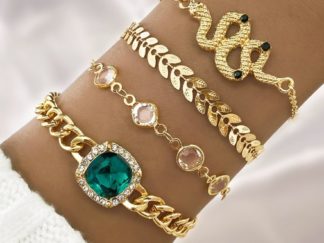 Pulsera Dorada Serpiente/Gema Verde 4pcs