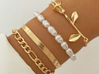 Pulsera Dorada con Rosa+Perlas 4pcs
