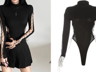 Ropa: Bodysuit Tight Negra Manga Larga con Hilos (+)