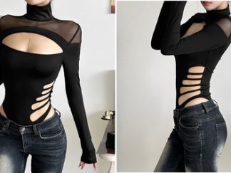 Ropa: Bodysuit Tight Negra con Corte al Pecho y Cintura Manga Larga (+)
