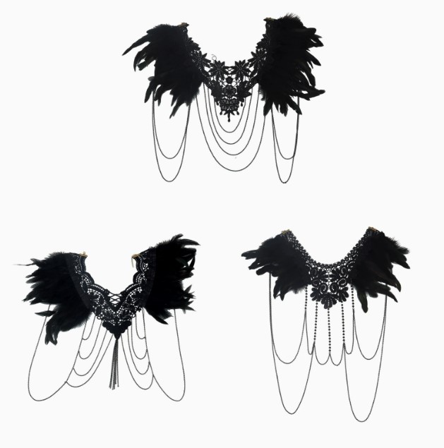 Accesorio para Fiesta: Chal con Plumas Negras y Cadenas