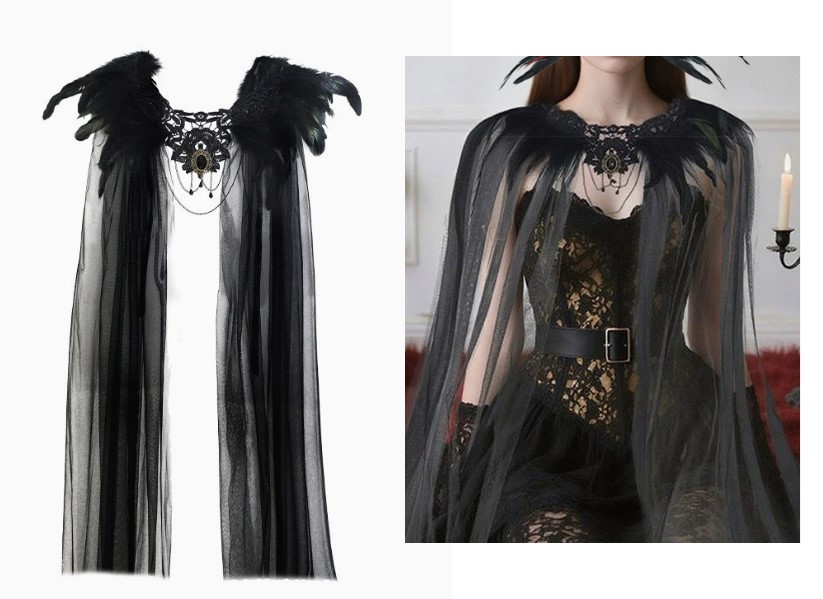 Accesorio para Fiesta: Chal con Plumas Negras y Organza