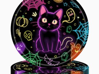 Decoración-Halloween: Plato Desechable Gato Neón 20pcs