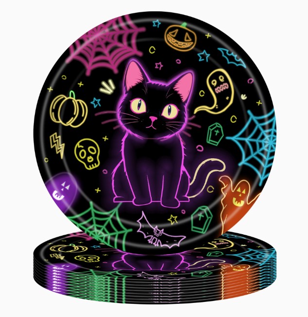 Decoración-Halloween: Plato Desechable Gato Neón 20pcs